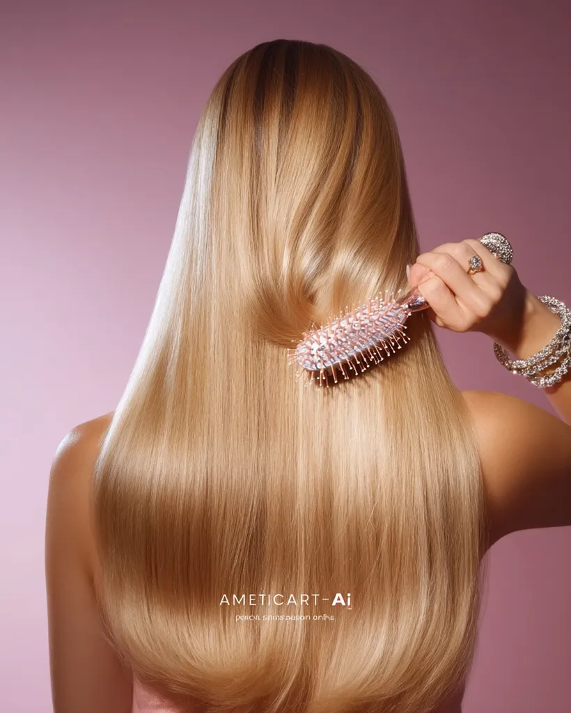 A woman with long, flowing blonde hair brushes her hair with a rose gold and crystal-encrusted brush.  Her back is to the camera, showcasing the length and shine of her hair against a pale pink background.  She wears delicate jewelry. The image is sleek and stylish, promoting healthy hair.  The Ameticart-Ai logo is subtly placed at the bottom.