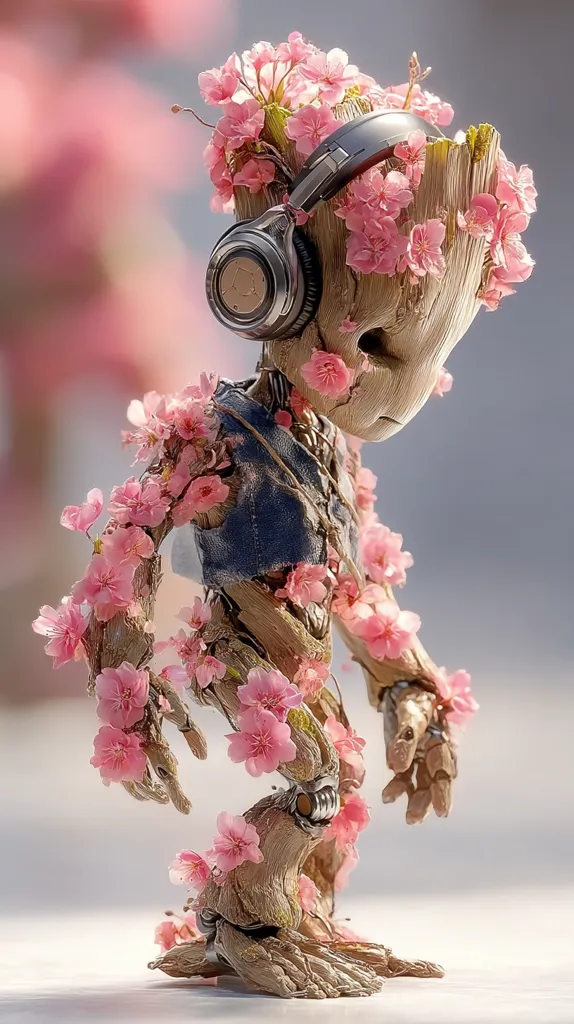 A digital rendering depicts Groot, the sentient tree from Guardians of the Galaxy, adorned with delicate pink cherry blossoms.  He wears over-ear headphones, suggesting a peaceful listening experience. The image blends the fantastical with the serene, creating a captivating and whimsical scene.  The wood-like texture of Groot contrasts beautifully with the soft blossoms, creating a visual harmony.