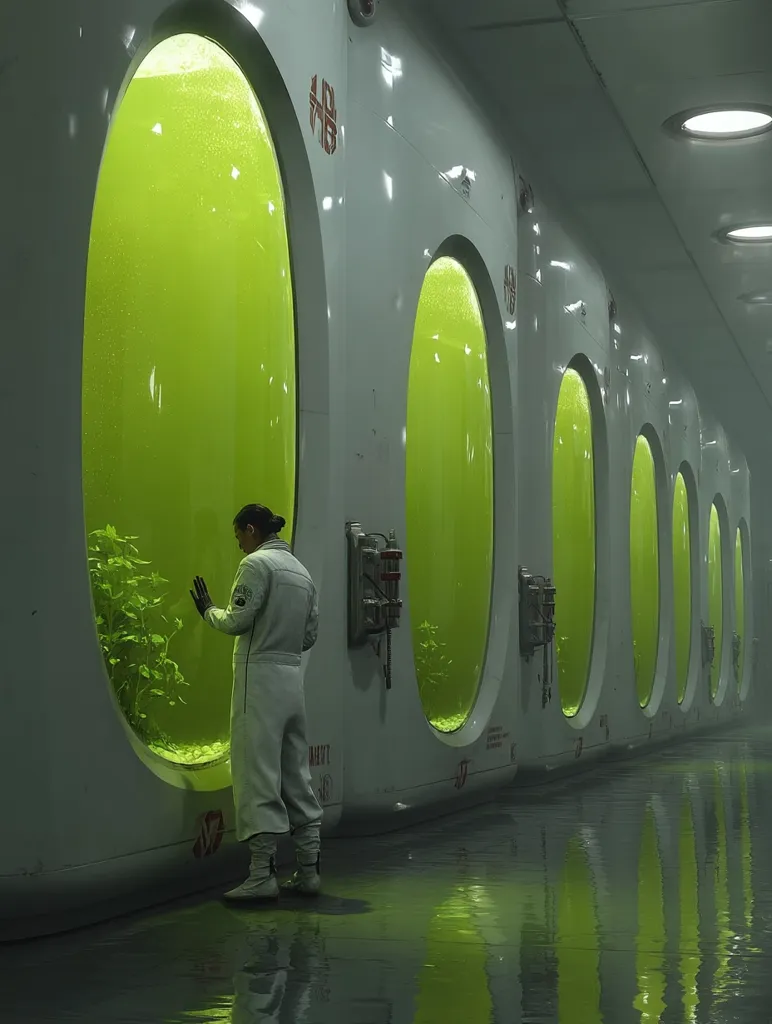 A person in a white spacesuit observes large, oval tanks filled with a glowing, yellowish-green liquid and submerged plants.  The tanks are set into a long, white corridor, illuminated by overhead lights. The reflective floor suggests a sterile, futuristic environment, possibly a hydroponic or algae farm. The scene evokes a sense of scientific observation or cultivation in a technologically advanced setting.
