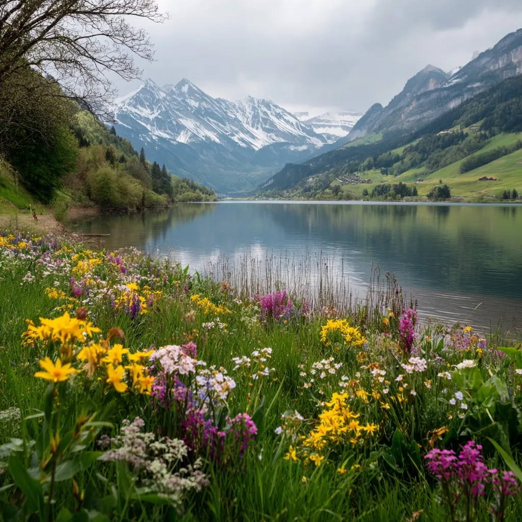 A serene lake reflects snow-capped mountains under a cloudy sky.  Vibrant wildflowers in yellow, purple, and white bloom profusely along the lakeshore, creating a breathtaking contrast against the majestic backdrop. Lush green hillsides gently slope towards the water, completing this idyllic alpine scene.