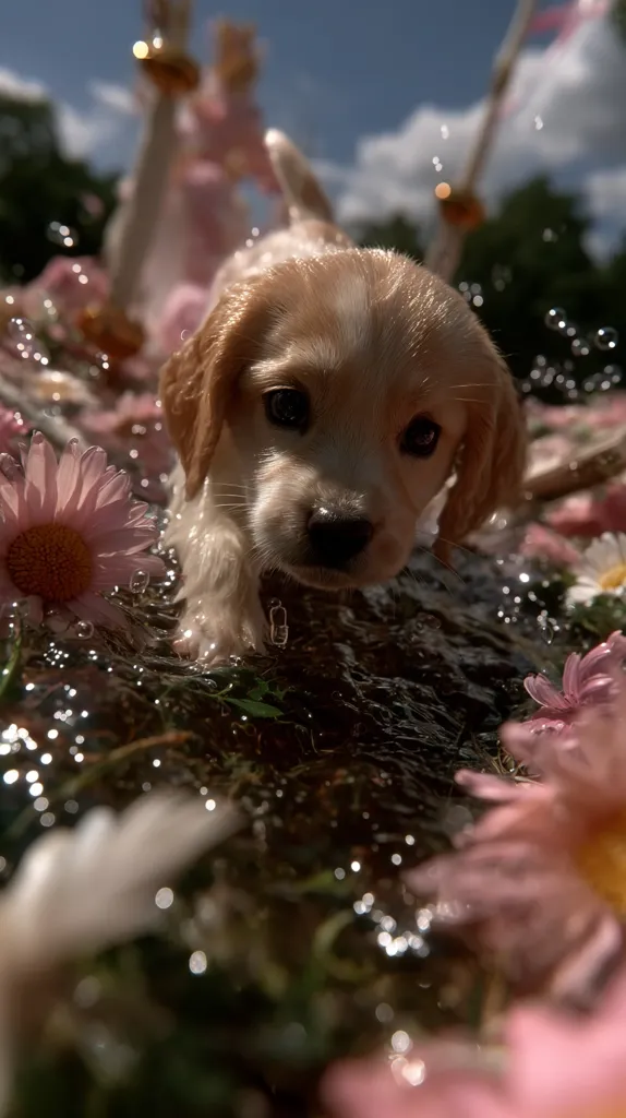 A golden retriever puppy playfully splashes through a shallow stream.  Pink flowers surround it, creating a vibrant contrast against the puppy's light fur.  The background is softly blurred, showing hints of a whimsical, possibly festive setting. The puppy's wet fur and the sparkling water add to the image's whimsical charm.
