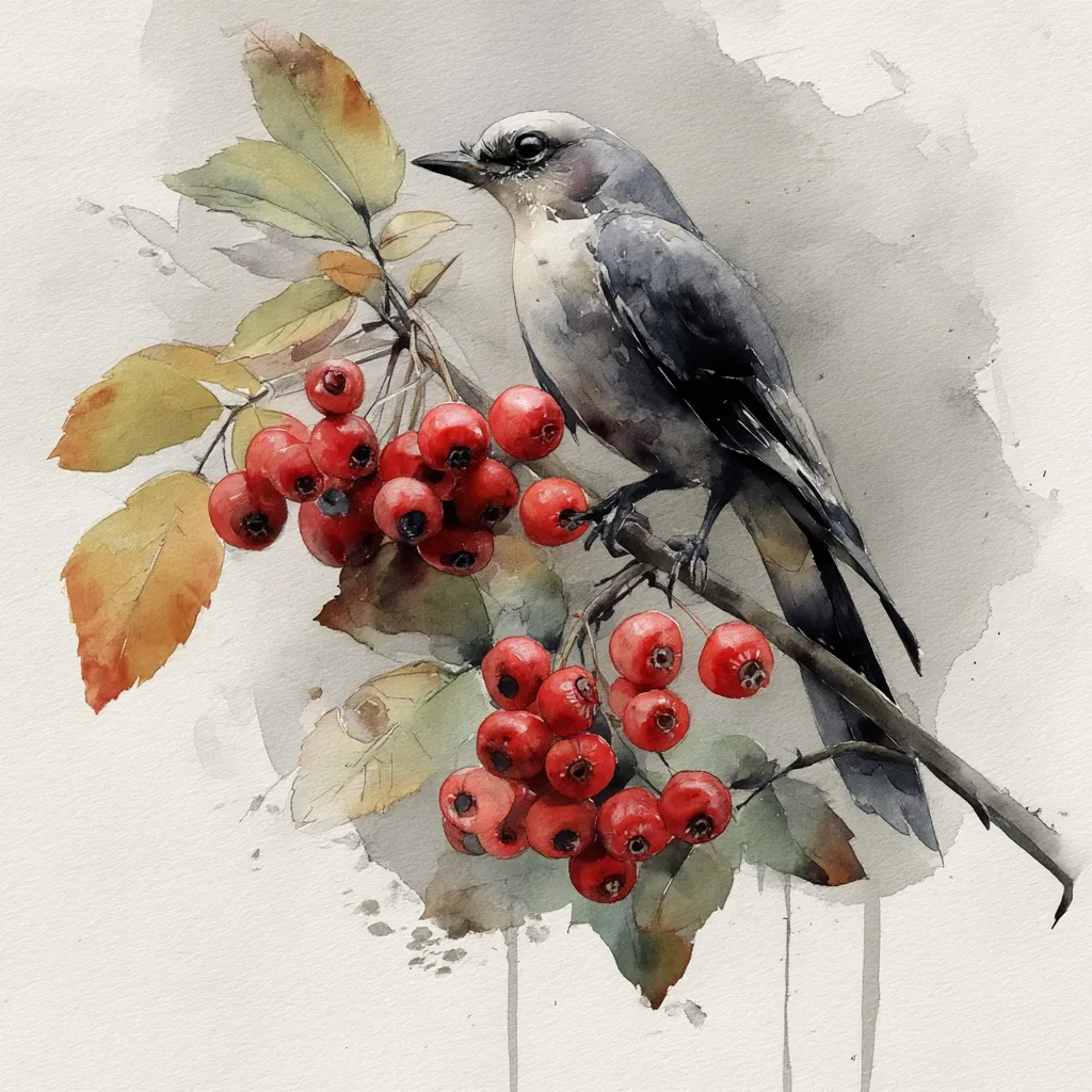 A watercolor painting depicts a gray bird perched on a branch laden with bright red berries.  The bird, rendered in muted grays and blacks, contrasts beautifully with the vibrant red fruit. Autumnal leaves in shades of orange and green surround the berries, adding to the seasonal feel. The style is delicate and realistic, capturing the texture of both the bird's feathers and the berries' glossy surfaces.  The background is a soft, light gray, allowing the bird and berries to be the focal point.