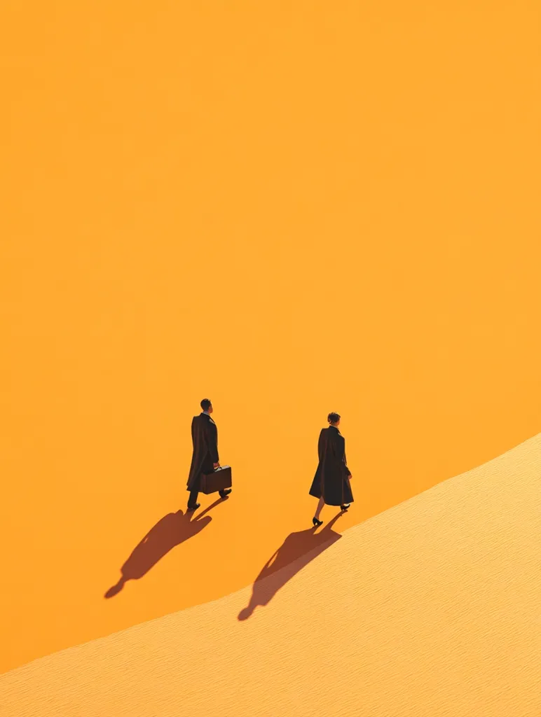 Two figures in dark coats ascend a gentle, orange dune.  One carries a briefcase.  Their backs are to the viewer, their long shadows stretching across the sand. The minimalist composition creates a sense of isolation and journey against a vibrant, warm backdrop. The scene evokes a feeling of ambition or perhaps a challenging path ahead.
