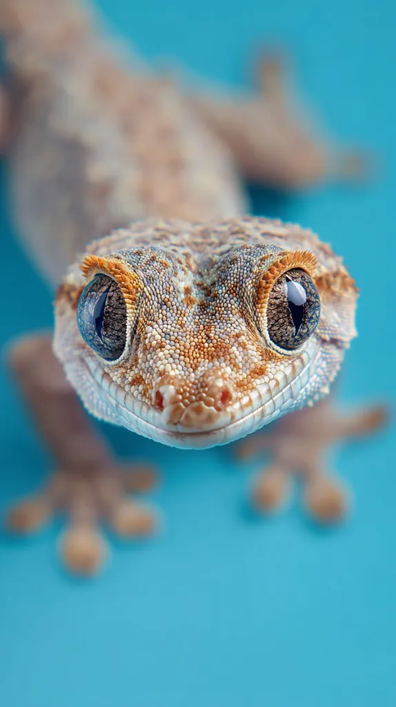 A close-up shot reveals a gecko, its large, expressive eyes captivating the viewer.  The gecko's textured skin, a blend of browns and tans, is sharply in focus, contrasting against the blurred blue background. Its small, delicate feet are partially visible, adding to the image's overall charm. The gecko appears to be looking directly at the camera, creating an intimate and engaging moment.