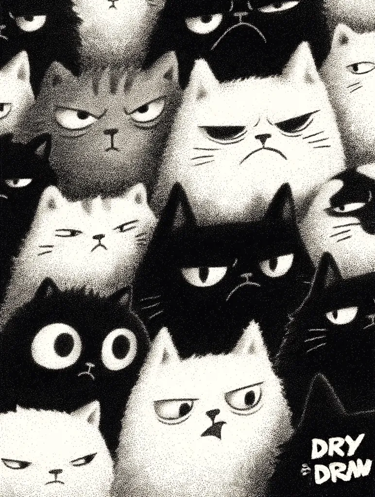 A monochrome illustration features a multitude of cats, their expressions ranging from grumpy to neutral.  The cats are densely packed together, creating a chaotic yet organized composition.  The style is reminiscent of stippling or pointillism, giving the image a textured, slightly grainy appearance.  Black and white cats are intermixed, all with distinct facial features, contributing to the overall busy and slightly unsettling mood.  The artist's signature "DRY DRAW" is subtly placed in the bottom right corner.