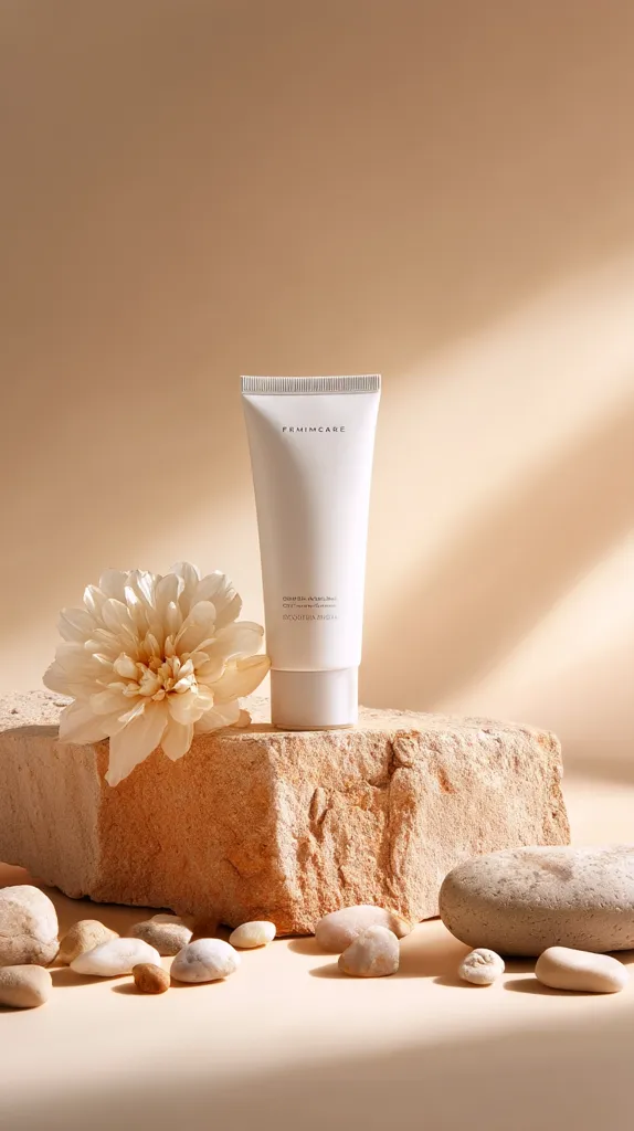 A tube of Femimcare cream sits on a rough-hewn stone, surrounded by smooth, pale stones and a delicate beige flower.  The setting is minimalist and calming, bathed in soft, natural light. The overall aesthetic is clean, sophisticated, and suggests natural ingredients and gentle care.  The brand name is subtly displayed on the tube.