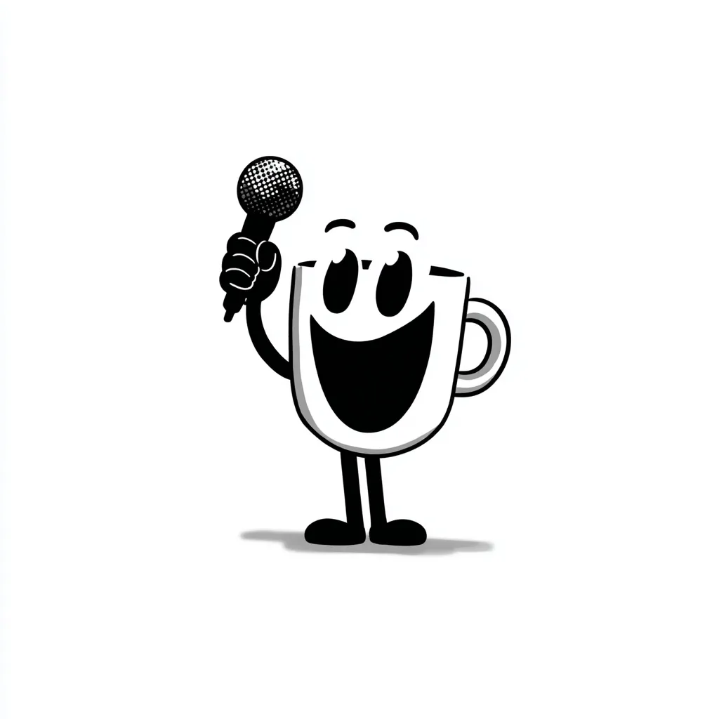 A cheerful, cartoon mug character holds a microphone, ready to sing or speak.  The mug has a wide, happy smile and simple stick legs.  The style is reminiscent of vintage cartoons, with bold outlines and shading. The image is predominantly black and white.