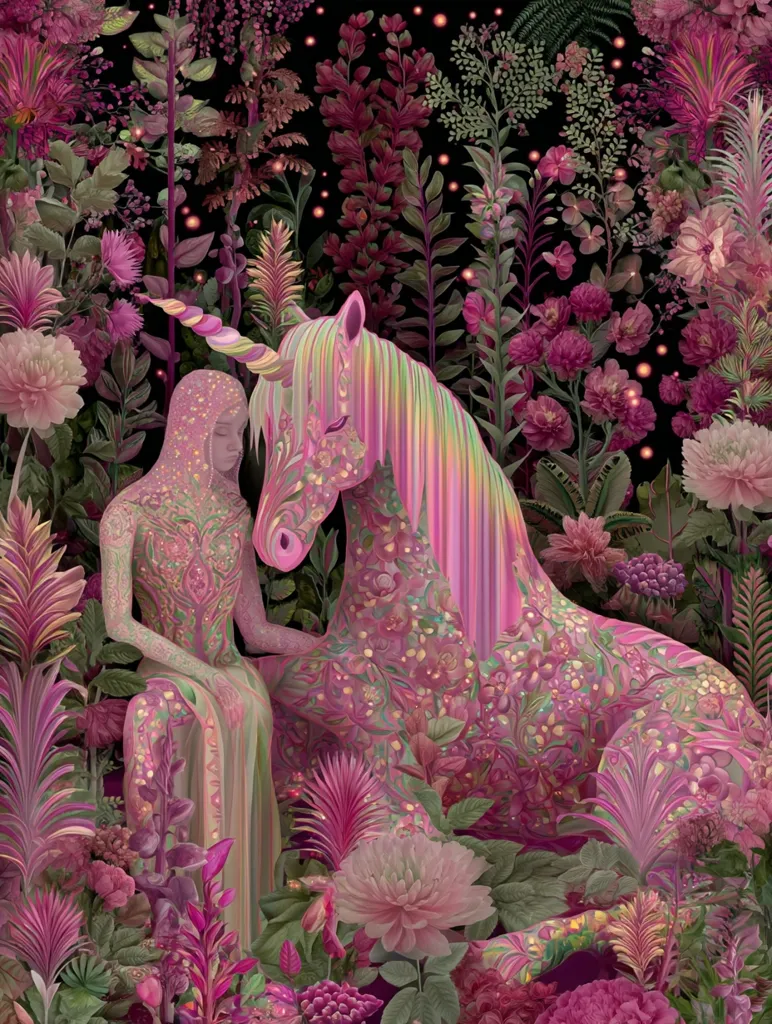 A mystical image depicts a woman cloaked in flowing fabric, seated beside a unicorn. Both figures are adorned with intricate floral patterns in varying shades of pink and purple. They are surrounded by a lush, enchanted garden filled with vibrant flowers and foliage, set against a dark background speckled with glowing lights, creating an ethereal and dreamlike atmosphere. The scene evokes a sense of magic and tranquility.