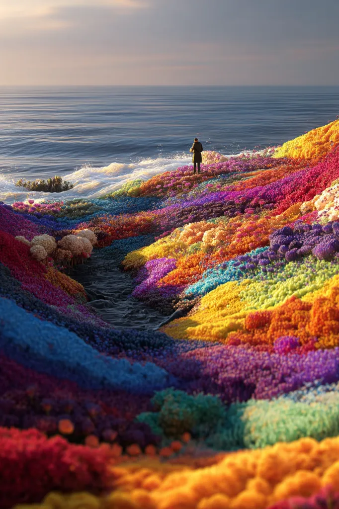 A lone figure stands overlooking a vibrant, colorful landscape that meets a calm ocean. The hillside is a breathtaking display of densely packed flowers in every shade of the rainbow, creating a surreal and dreamlike scene.  A small stream winds its way through the multicolored blooms, leading down towards the sea. The soft light of either sunrise or sunset bathes the scene in a warm, peaceful glow.