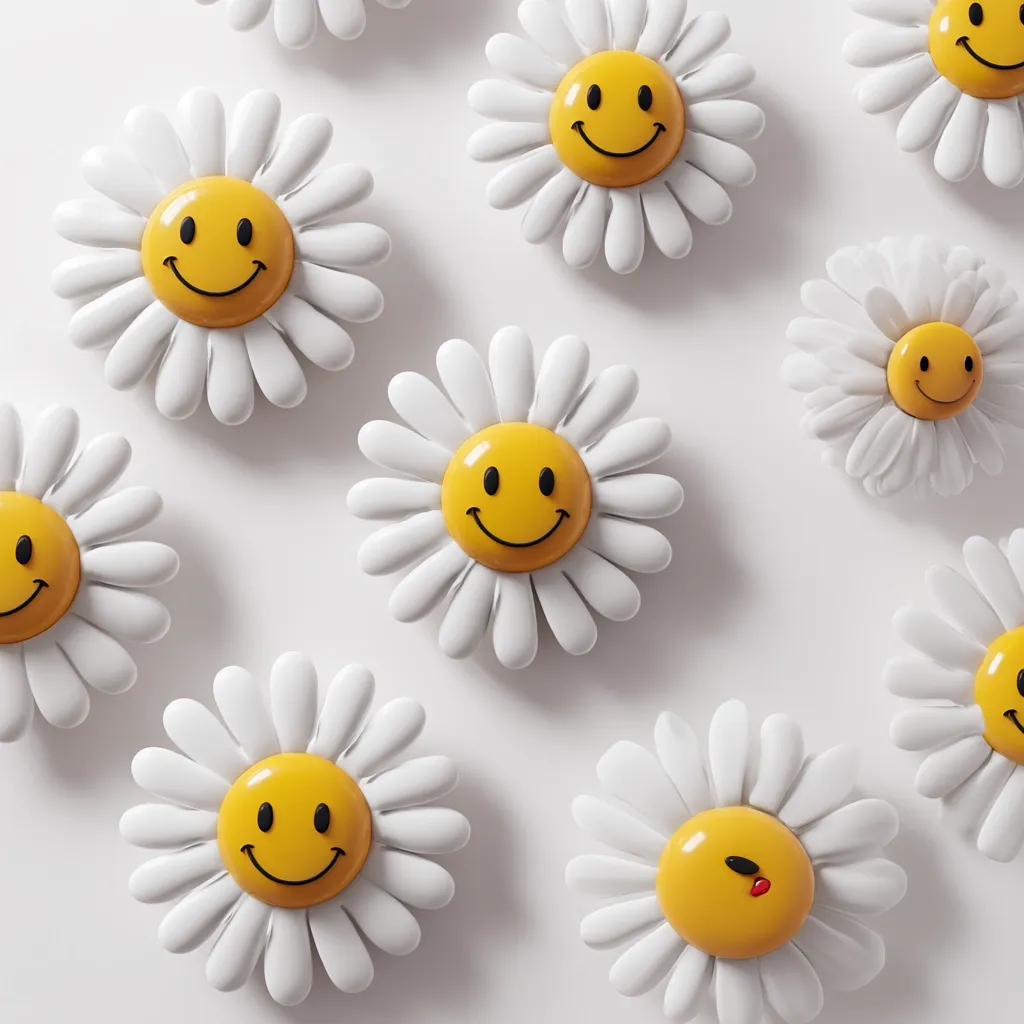 A pattern of cheerful daisy flowers with smiling faces adorns a white background.  The daisies are rendered in 3D, with bright yellow centers featuring simple smiley faces and crisp white petals. One daisy features a slightly different, surprised expression. The overall image evokes a feeling of happiness and playful optimism.