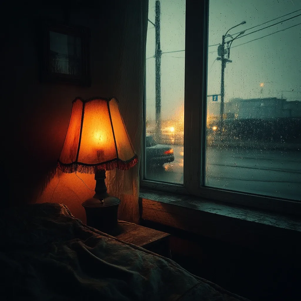 A dimly lit bedroom scene features a warm-toned table lamp casting a soft glow on a bed.  Rain streaks the windowpane, blurring the view of a rain-slicked street with distant city lights. The atmosphere is moody and serene, suggesting a quiet, contemplative moment. The lamp's light contrasts with the darkness of the room and the somber tones of the rainy night outside.