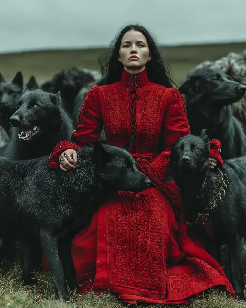 A woman in a long, richly embroidered red dress sits amidst a pack of black dogs.  Her dark hair flows down her back, and she gazes directly at the camera with a serious expression. The dogs appear calm and are nestled close to her, creating a striking contrast between the vibrant red and the deep black. The setting is outdoors, with a muted, somewhat bleak landscape in the background. The overall mood is mysterious and powerful.