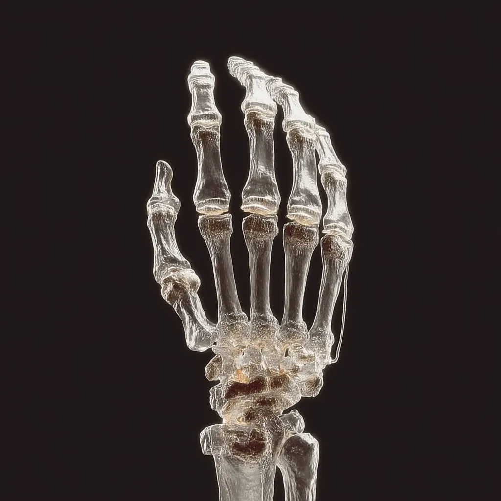 A detailed close-up reveals a translucent, skeletal hand against a stark black backdrop.  The image showcases the intricate structure of the bones, from the individual finger bones to the complex articulation of the wrist.  The lighting accentuates the delicate network of bone structure, creating a striking visual representation of human anatomy.