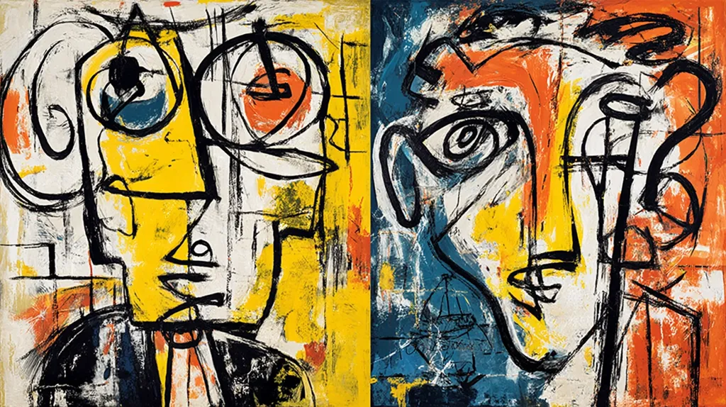 A vibrant abstract painting features two distinct sections, each depicting a stylized head.  Bold strokes of yellow, orange, blue, and black create expressive faces with exaggerated features. The left head is predominantly yellow, while the right is a mix of blues and oranges.  Black lines define the forms, creating a sense of energy and movement. The style is reminiscent of Abstract Expressionism, showcasing a raw and emotional approach to portraiture.