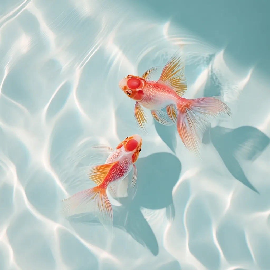 Two elegant, orange-and-white goldfish gracefully swim in a serene, light-blue pool.  Their fins are delicately spread, and the water's surface reflects light in gentle ripples.  The scene evokes a sense of peace and tranquility. The fish are positioned slightly apart, creating a balanced composition.