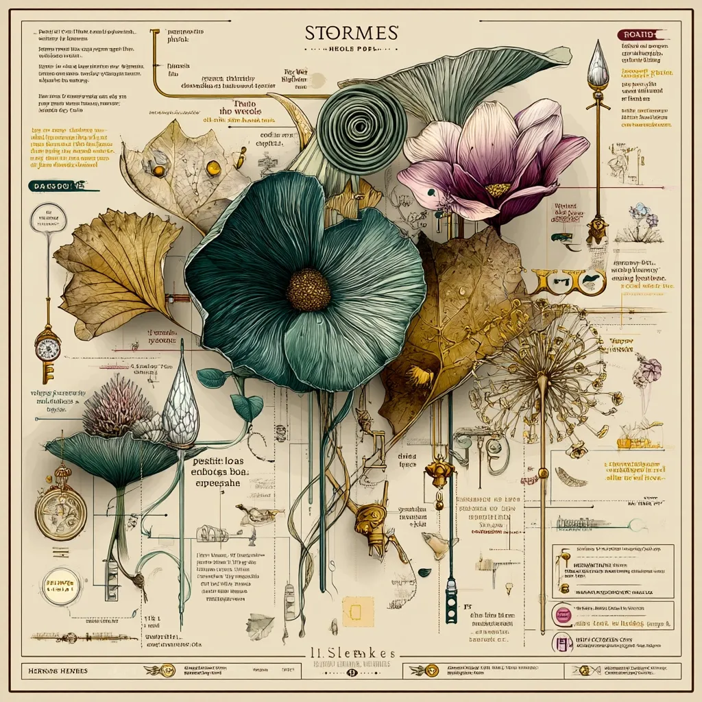 A meticulously detailed botanical illustration titled "Stormes" by Il Slemekës.  The artwork features intricately rendered flowers, leaves, and seed heads, interwoven with clockwork-like mechanisms and handwritten text in an antique style.  The design incorporates elements of both nature and technology, creating a surreal and fantastical aesthetic.  Scientific diagrams and annotations further enhance the piece's complex composition.