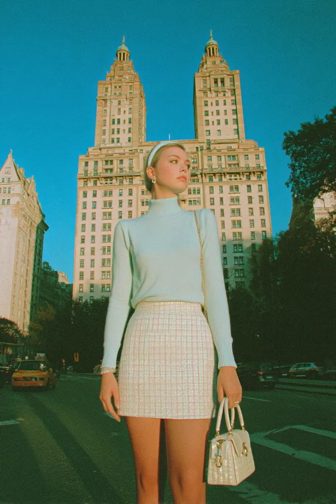 A young woman in a pastel green sweater and a pink and white tweed mini skirt stands on a city street.  Tall buildings, possibly in New York City, form a backdrop.  She carries a small, light-colored handbag. The overall aesthetic is reminiscent of 1960s fashion, with a vintage filter applied to the image.  The sun is setting, casting a warm glow.