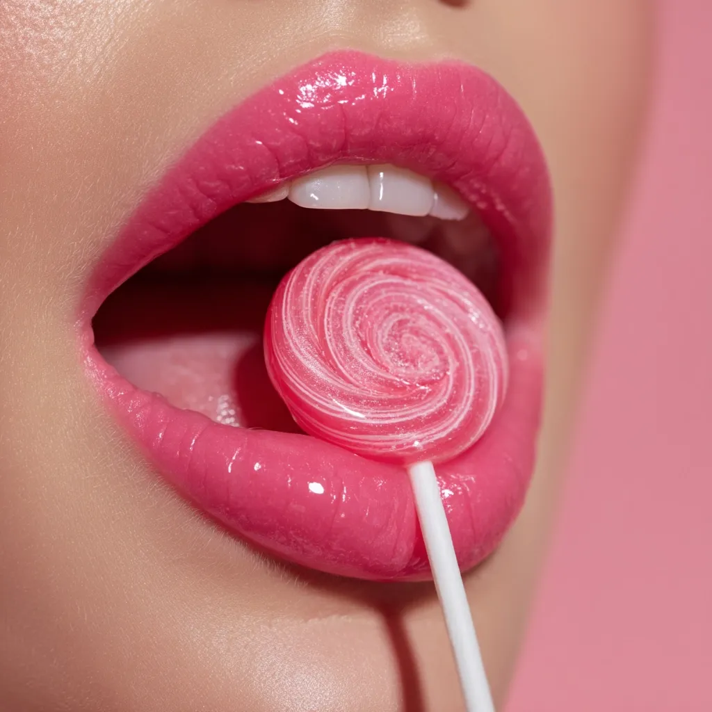 A close-up shot features a woman's luscious pink lips, glossy and full, with a pink swirl lollipop partially in her mouth.  The candy's vibrant color complements her lip color, creating a visually appealing and sweet image. The overall aesthetic is one of beauty and playful indulgence.