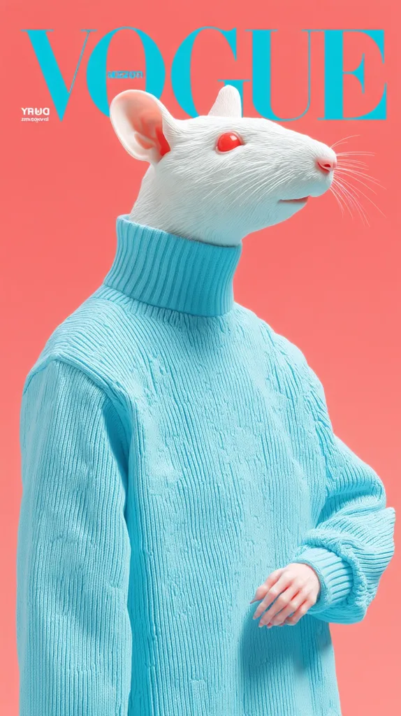 A Vogue magazine cover features a white rat wearing a light blue turtleneck sweater against a coral background.  The rat's red eyes stand out, and its pose is sophisticated.  The Vogue logo is prominently displayed in turquoise. The overall image is surreal and stylish, blending high fashion with an unexpected model.