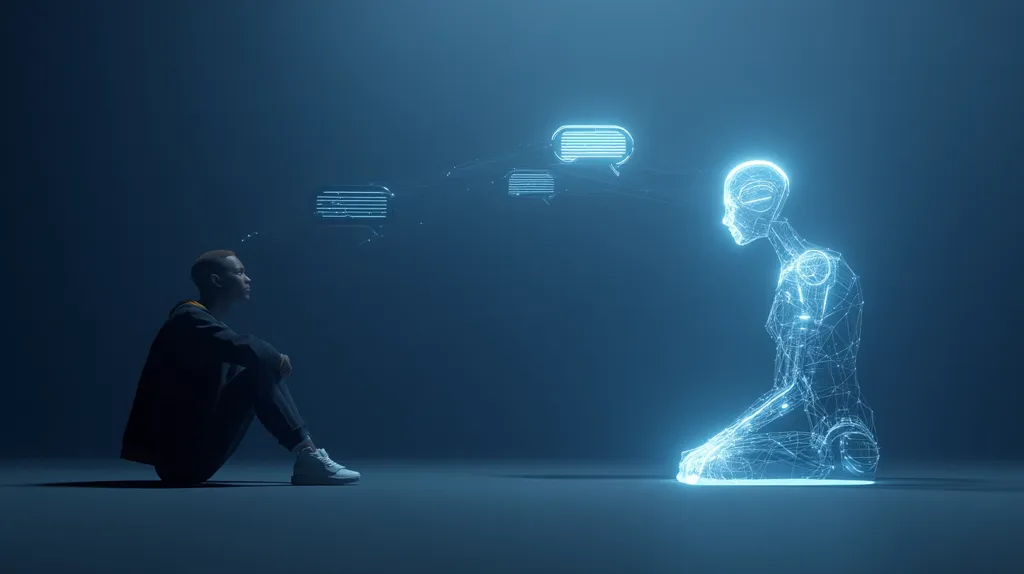 A person sits cross-legged on a dark floor, facing a glowing, ethereal humanoid figure.  Between them, digital speech bubbles float, suggesting a conversation or interaction. The scene is bathed in cool blue light, creating a futuristic and somewhat melancholic atmosphere. The contrast between the grounded human and the spectral AI figure highlights themes of technology and human connection.