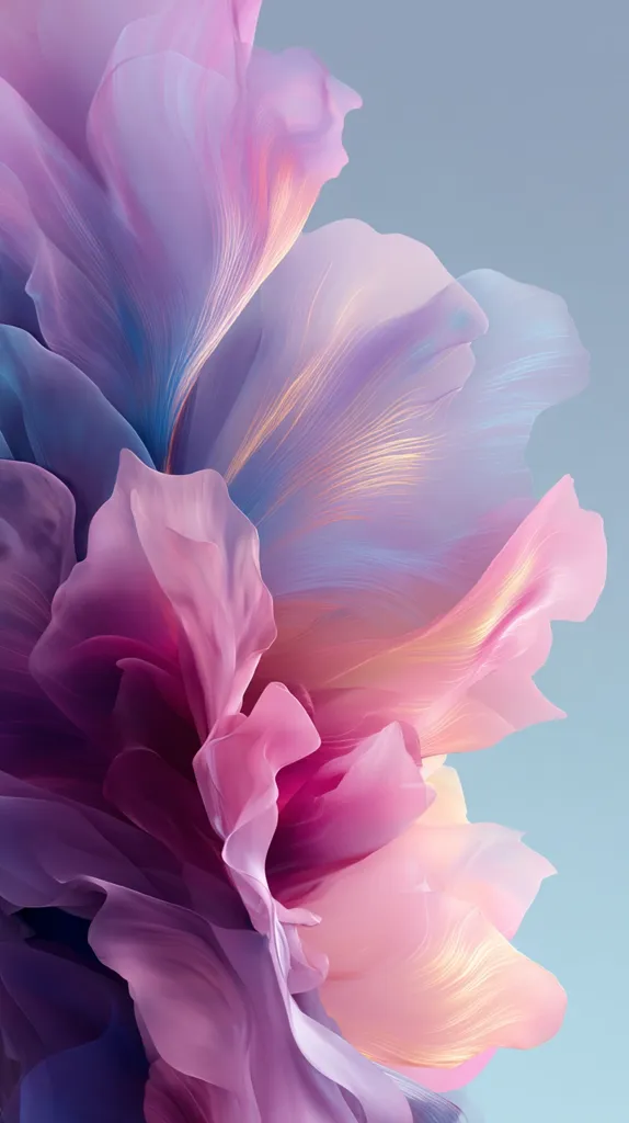 A close-up captures the ethereal beauty of a flower, its delicate petals rendered in a soft palette of purples, pinks, and hints of blue.  The image evokes a sense of fluidity and movement, with the petals appearing almost weightless against a pale blue background.  The lighting accentuates the subtle textures and color gradations, creating a dreamy, artistic effect.