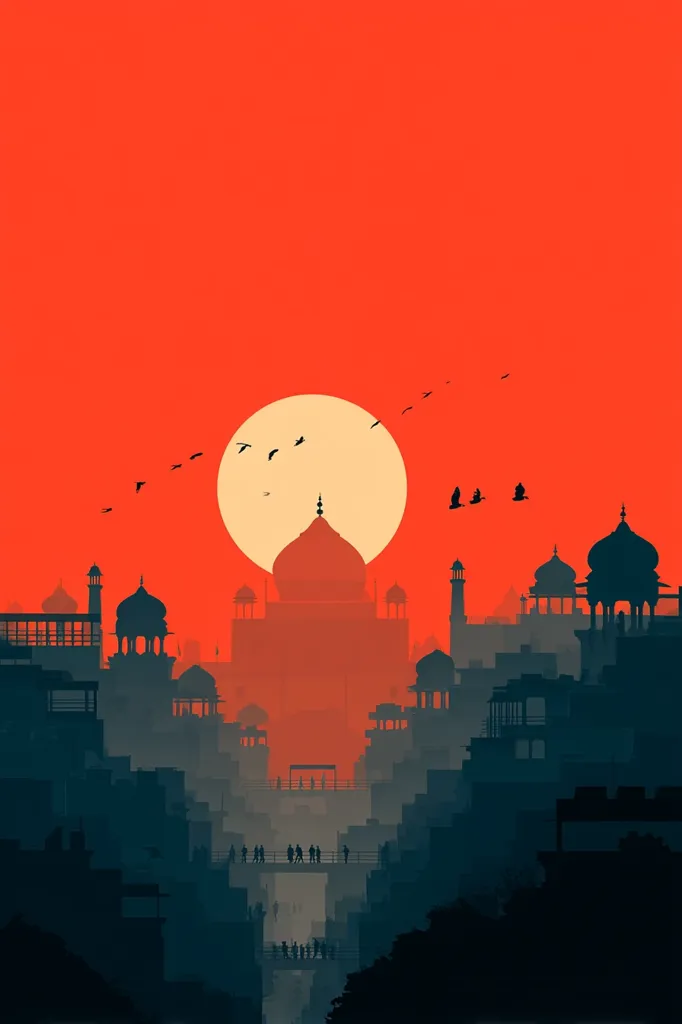 A stylized illustration depicts a cityscape at sunset, dominated by the Taj Mahal.  The vibrant orange sky contrasts sharply with the dark silhouettes of buildings and a large, pale sun.  Birds fly across the sky, adding to the peaceful yet dramatic ambiance. People are visible on walkways between structures, adding a sense of scale and daily life within this evocative scene.