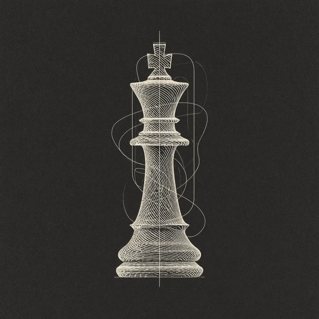 A stylized line drawing of a chess king piece is presented against a dark background.  The design incorporates thin lines suggesting a blueprint or technical drawing, overlaid with swirling abstract lines. The king's form is detailed and precise, conveying power and strategic importance. The contrast between the clean lines and the dark background enhances the piece's visual impact.