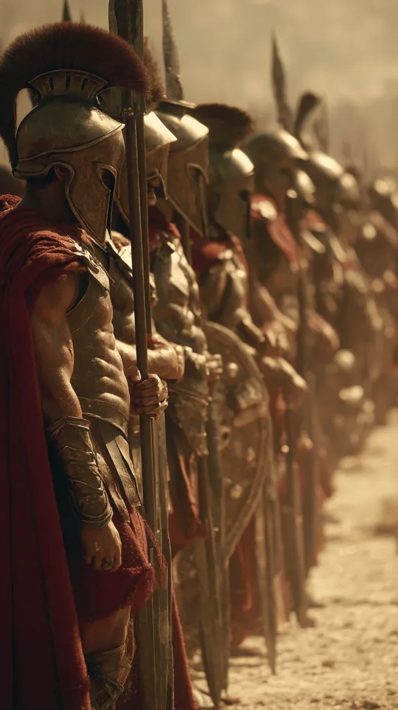 A line of Spartan warriors stands at attention, their bronze helmets gleaming in the sunlight.  Clad in ornate armor and crimson cloaks, they hold their spears upright, forming a formidable phalanx.  Muscular physiques are visible beneath their armor, showcasing their strength and readiness for battle.  The dusty, sun-drenched background emphasizes the setting of a vast battlefield. The image evokes a sense of ancient power and military discipline.
