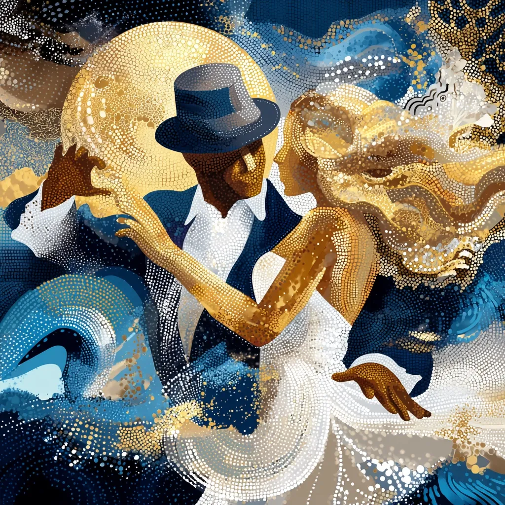 A pointillist-style artwork depicts a couple in elegant attire passionately embracing. The man, wearing a fedora and dark suit, holds the woman close. She is in a flowing white dress, her hair swirling around her.  A large golden moon and swirling blues and golds form the backdrop, creating a romantic and dreamy atmosphere. The piece evokes a sense of movement and intimacy.