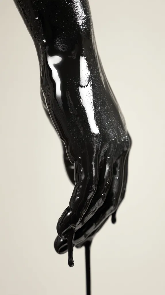 A close-up shot reveals a hand coated in thick, black, viscous liquid.  The substance drips from the fingers, highlighting its glossy texture and fluidity. The stark contrast between the dark liquid and the light background creates a dramatic and somewhat unsettling image. The overall impression is one of both beauty and unease.