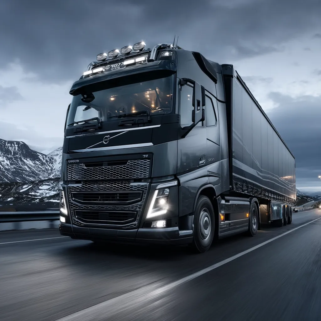 A sleek, dark-grey Volvo semi-truck with additional roof lights speeds down a highway.  The truck, carrying a long trailer, is sharply focused against a backdrop of snow-capped mountains and a dramatic, overcast sky.  The image emphasizes the vehicle's modern design and powerful presence on the road.
