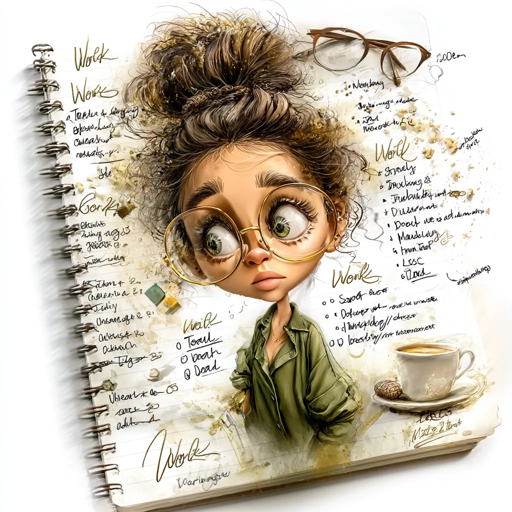 A stylized illustration of a girl with large glasses and a bun, depicted on a sketchbook page filled with messy handwriting and doodles.  The girl's expression is pensive.  Surrounding her are lists, likely to-do lists or notes, with words like "Work," "Toal," and various names and terms interspersed.  A cup of coffee and a cookie rest beside the illustration, adding to the overall busy, artistic feel.