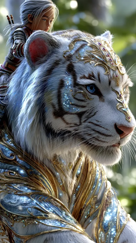 A young, fair-haired warrior sits atop a majestic white tiger adorned in ornate gold and blue armor.  The tiger's fur shimmers with an ethereal glow, and its eyes are a striking blue.  The scene is set in a lush, verdant forest, creating a magical and fantastical atmosphere.  The girl's serious expression contrasts with the tiger's serene demeanor, suggesting a bond of trust and shared adventure.