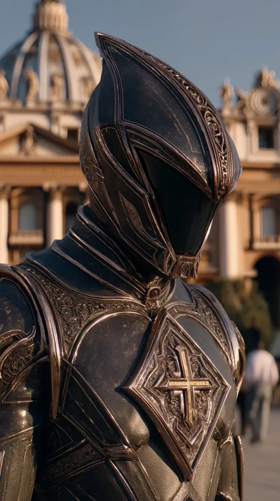 Close-up view of a meticulously detailed, dark-colored suit of armor.  The helmet features a sleek, pointed design with intricate gold accents.  A prominent gold cross is displayed on the chest plate.  The background is softly blurred, showcasing a portion of a grand, classical building, possibly a cathedral.  The overall impression is one of high-quality craftsmanship and possibly a religious or ceremonial context.
