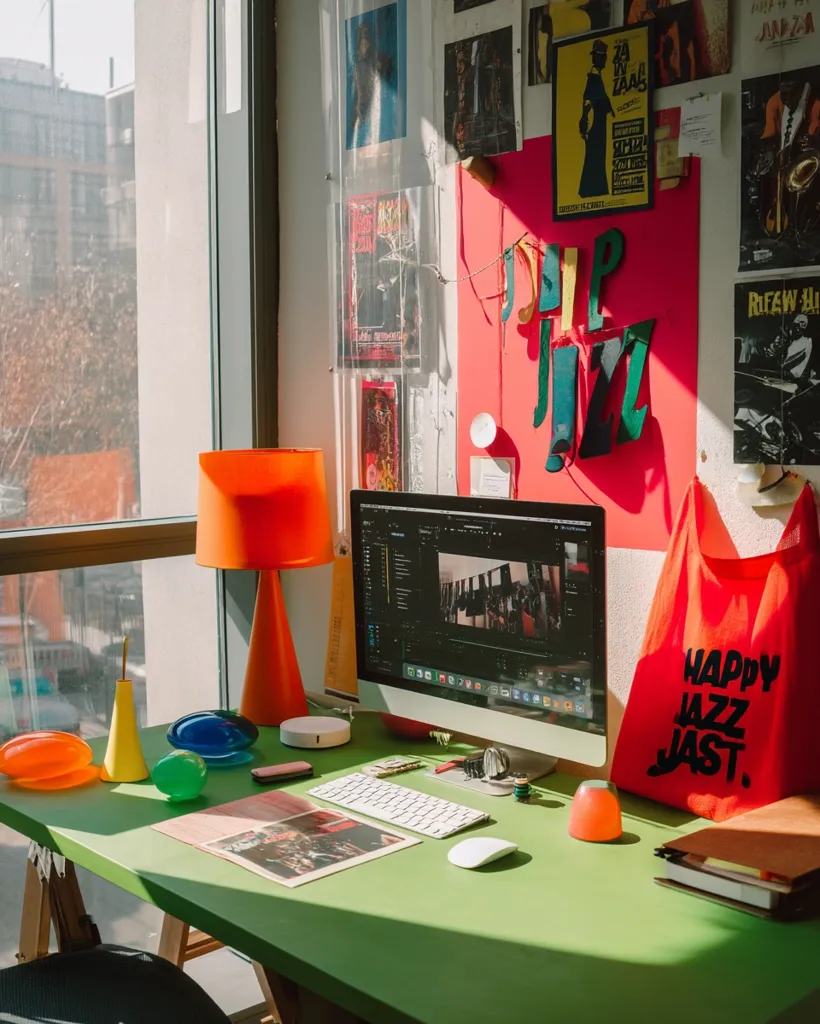 A vibrant workspace bathed in sunlight.  A green desk holds a computer displaying editing software, a keyboard, mouse, and colorful desk accessories.  Walls are adorned with vintage posters and artwork, creating a retro-inspired aesthetic.  A red "Happy Jazz Jast" tote bag adds a playful touch.  The overall mood is energetic and creative.