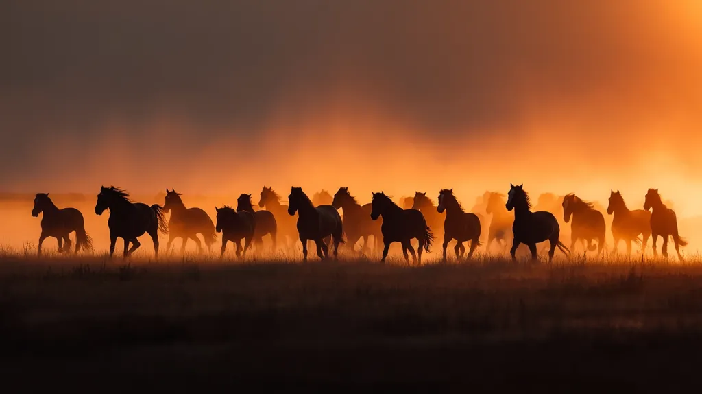 A herd of wild horses gallops across a field at sunset.  Silhouetted against the vibrant orange sky, the horses appear as dark figures, their manes and tails flowing in the breeze. Dust rises around their hooves as they run, creating a dynamic and powerful image of untamed freedom.  The warm, golden light bathes the scene in a breathtaking spectacle of nature.