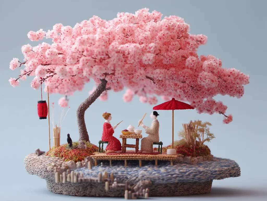 A miniature scene depicts two figures seated under a meticulously crafted cherry blossom tree, enjoying a meal at a small table.  A red parasol provides shade, and a red lantern hangs nearby.  The base is a textured landscape with a tiny pond and miniature plants, all intricately detailed in a style suggestive of needle felting or similar textile art. The overall aesthetic is serene and evokes a peaceful Japanese setting.