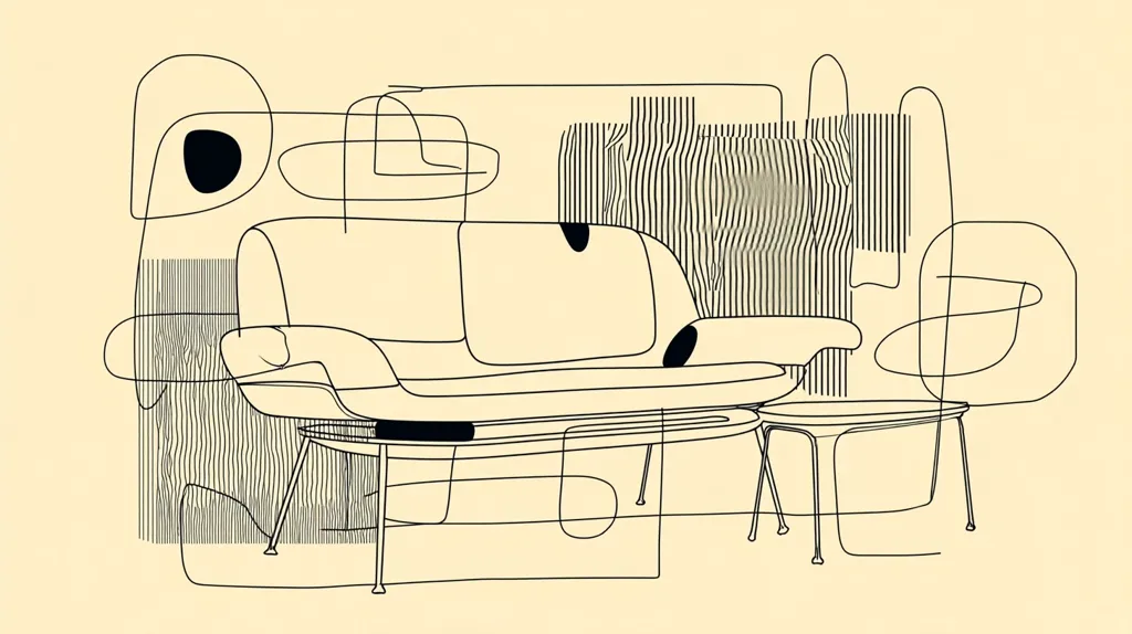 A minimalist line drawing depicts a mid-century modern living room scene.  A curved sofa, low coffee table, and small side table are the central elements.  The background features abstract line work suggestive of a wall with a textured surface. The overall style is clean and elegant, evoking a sense of calm sophistication. Black lines are against a pale yellow background.