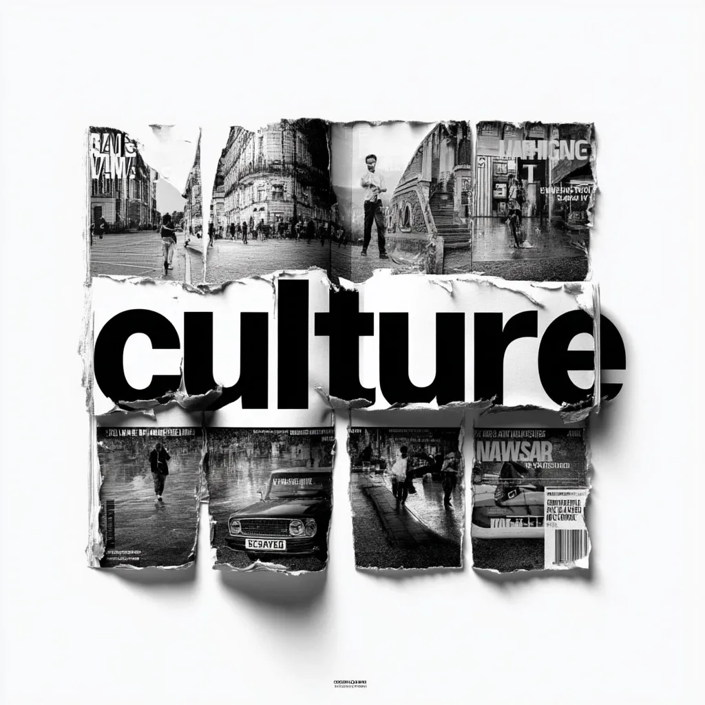 A black and white collage depicting the word "culture" in bold, sans-serif font.  Surrounding the word are torn pieces of black and white photographs, showcasing various street scenes, individuals, and vehicles. The imagery suggests a diverse and multifaceted representation of cultural elements, presented in a gritty, urban style. The overall effect is a visually impactful and layered representation of culture.