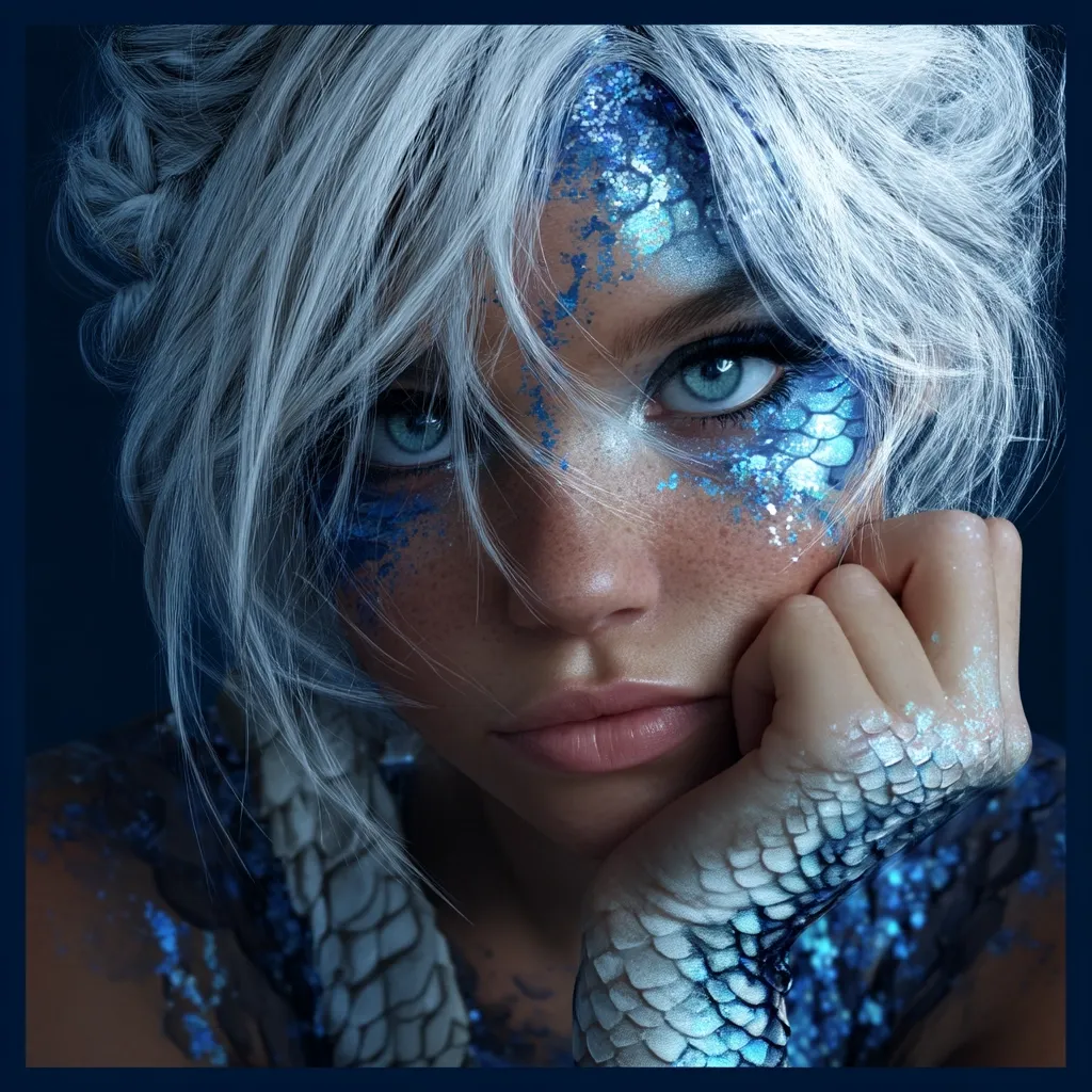 A close-up portrait of a young woman with striking blue eyes and flowing white hair.  Her face and hands are adorned with intricate, shimmering blue scales and glitter, creating a mermaid-like effect.  She rests her chin on her hand, her expression pensive and ethereal against a dark background. The overall aesthetic is fantasy-inspired, with a focus on ethereal beauty and detail.