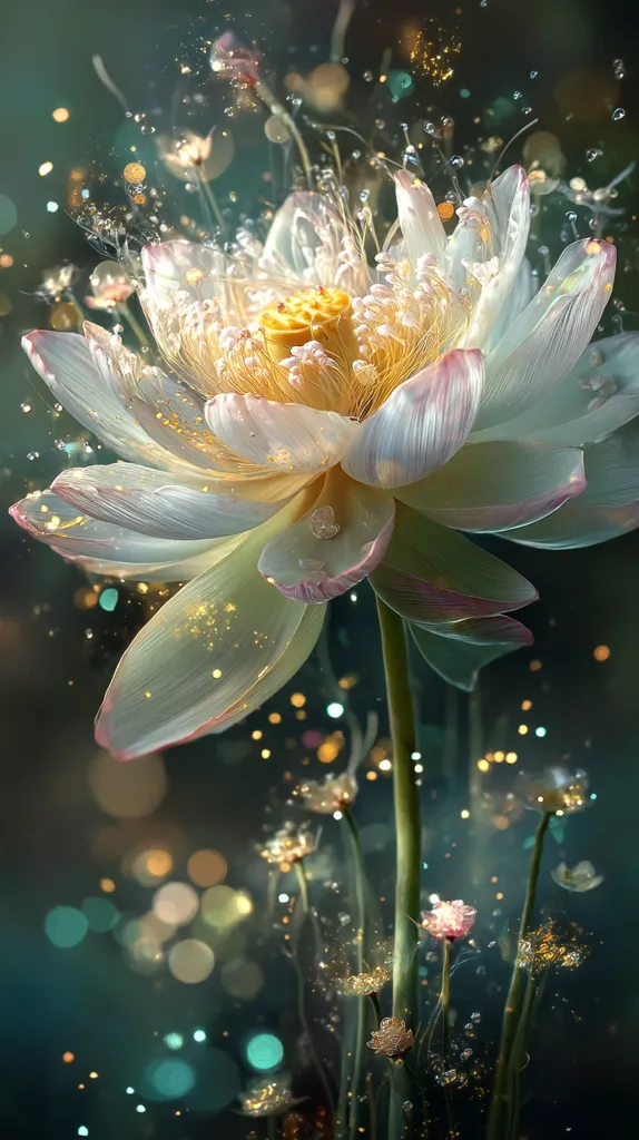 A large, luminous lotus flower takes center stage, its petals delicately rendered with a soft, ethereal glow.  Golden sparkles and water droplets adorn the flower and its slender stem.  Smaller, similarly glowing blossoms surround it, creating a magical, dreamlike scene set against a dark, bokeh-filled background of teal and amber tones.  The overall effect is one of serene beauty and fantasy.