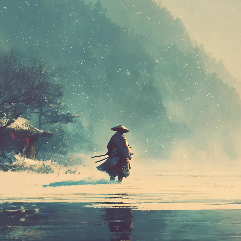 A lone samurai, cloaked in dark robes and wearing a conical hat, traverses a snow-covered landscape.  He carries two swords at his side, his back to the viewer, walking towards a misty mountain range under a softly falling snow. A small, snow-dusted hut is visible to his left. The scene is serene yet evocative, with the tranquility of the snow contrasting the warrior's solitary journey.  The water's reflection mirrors the somber atmosphere.