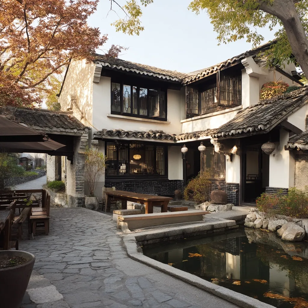 A serene courtyard scene features a traditional Chinese-style house with white walls, dark wood trim, and tiled roofs.  Large windows offer glimpses inside.  A stone pathway leads to a wooden table and benches, set near a small, reflective pond. Autumnal foliage adds warmth to the setting. The overall ambiance is peaceful and inviting.