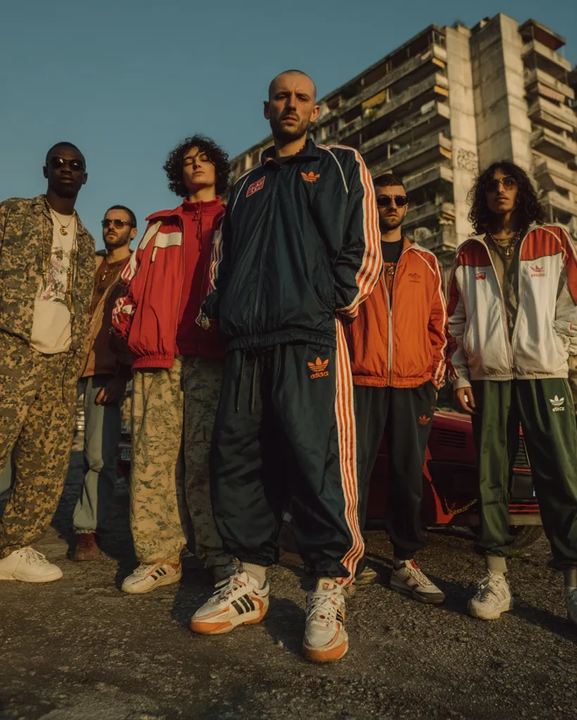 A group of young men, stylishly dressed in vintage Adidas tracksuits and jackets, stand before a dilapidated apartment building.  The color palette is muted with pops of orange and red.  Their attire suggests a retro aesthetic, possibly referencing 90s hip-hop culture.  The setting adds a gritty urban backdrop to the image.  They appear confident and pose for a photo, their expressions serious and focused.