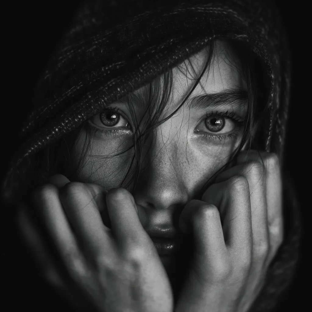 A black and white close-up portrait captures a young woman's face, partially obscured by her hands and a hooded garment. Her expressive eyes, framed by dark hair, convey a sense of vulnerability and introspection. The image's stark contrast and focus on her gaze create a powerful and emotional impact.  The overall mood is one of quiet contemplation or sadness.