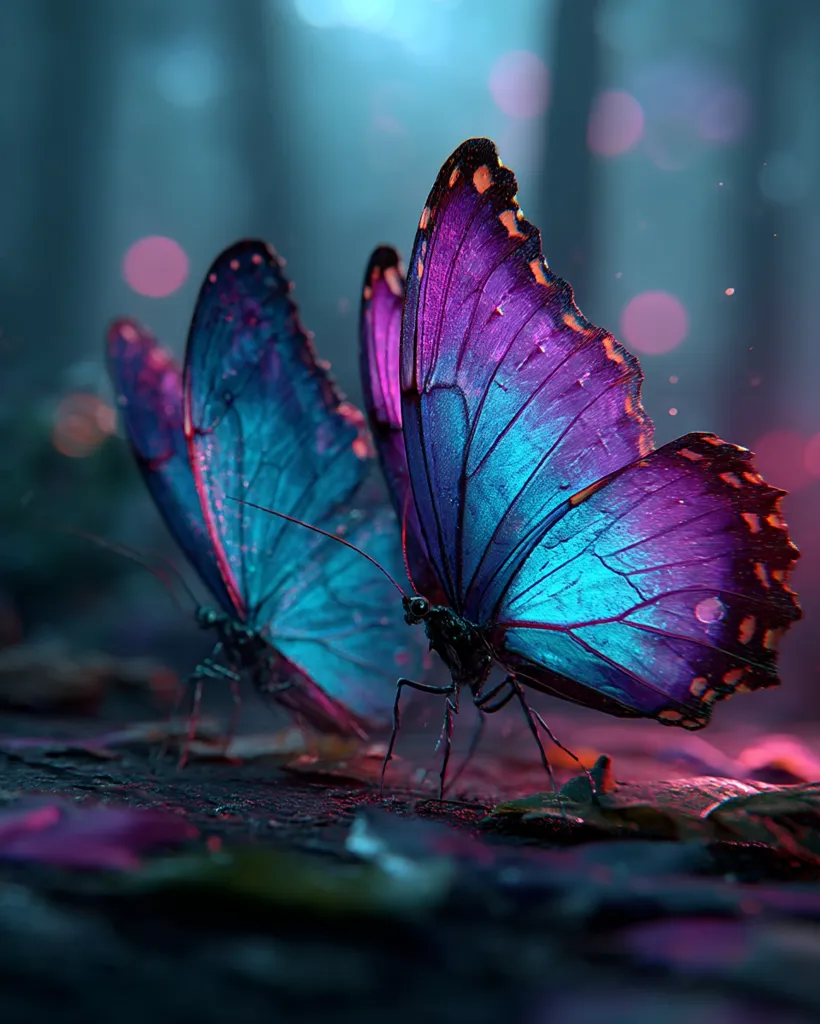Two iridescent blue and purple butterflies rest on a dark, damp forest floor.  Their wings shimmer with an ethereal glow, contrasting with the muted background of blurred trees and bokeh lights.  The scene evokes a sense of magic and mystery, highlighting the delicate beauty of the insects.  The focus is sharp on the butterflies, drawing the viewer's eye to their intricate details.
