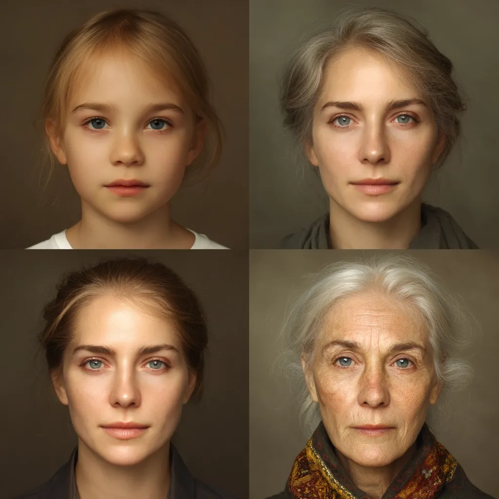 A four-panel image depicts a woman's aging process.  The top left shows her as a young girl with blonde hair.  Next to her is the same woman as a young adult with grey-blonde hair styled up.  The bottom row shows her as a young woman with brown hair pulled back and finally, as an older woman with silver hair and a patterned scarf.  The consistent neutral background highlights the changes in her appearance over time.