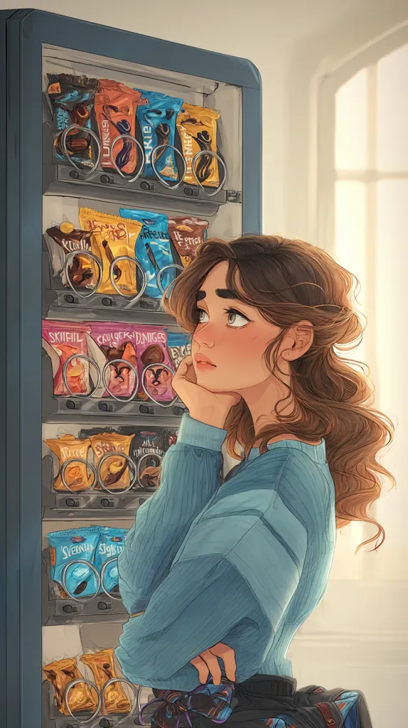 A dreamy illustration of a girl with long brown hair, wearing a light blue sweater, standing before a vending machine filled with various snack packages.  She rests her chin on her hand, gazing thoughtfully. The scene is soft and subtly colored, evoking a feeling of quiet contemplation. The vending machine’s contents are clearly visible, showcasing a variety of chocolate bars and chips.
