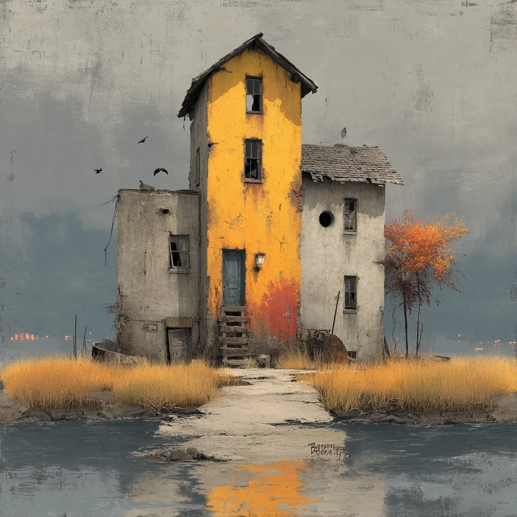 A dilapidated, two-story building stands on a small island, partially painted a vibrant yellow.  The structure shows signs of decay, with broken windows and weathered walls.  A grey concrete path leads to it from the shore, where tall grasses grow.  A solitary autumnal tree stands near the building, and birds perch on its roof.  The background suggests a distant, hazy cityscape under a brooding sky. The scene is painted in a muted, almost melancholic palette.