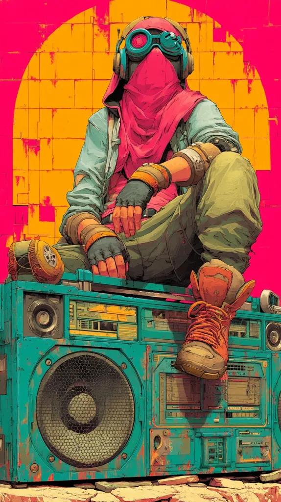 A vibrant illustration depicts a stylized figure, clad in a pink hood and goggles, sitting atop a large, turquoise boombox.  The character's attire is a blend of futuristic and retro elements, with worn clothing and technologically advanced accessories. The backdrop is a bold contrast of pink and yellow, creating a striking, almost retro-futuristic aesthetic. The overall style is reminiscent of cyberpunk or vaporwave art.